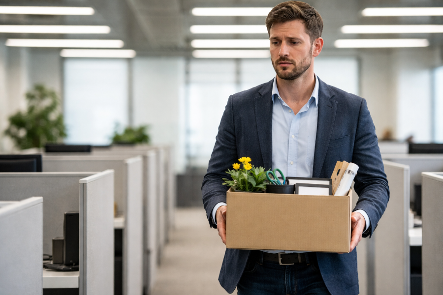 Man leaving an office carrying a box of personal items after job loss