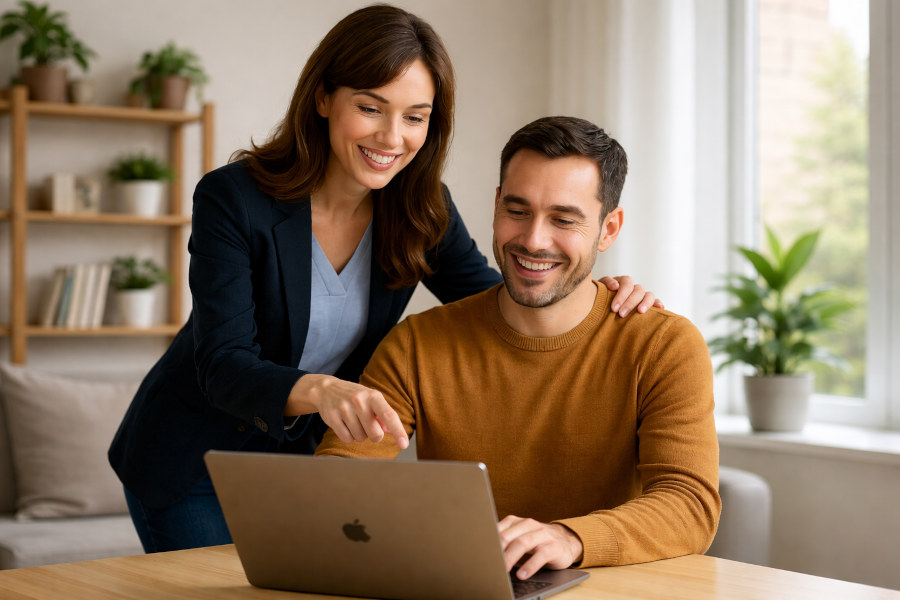 Cathy assisting a user at a laptop in a supportive and collaborative way