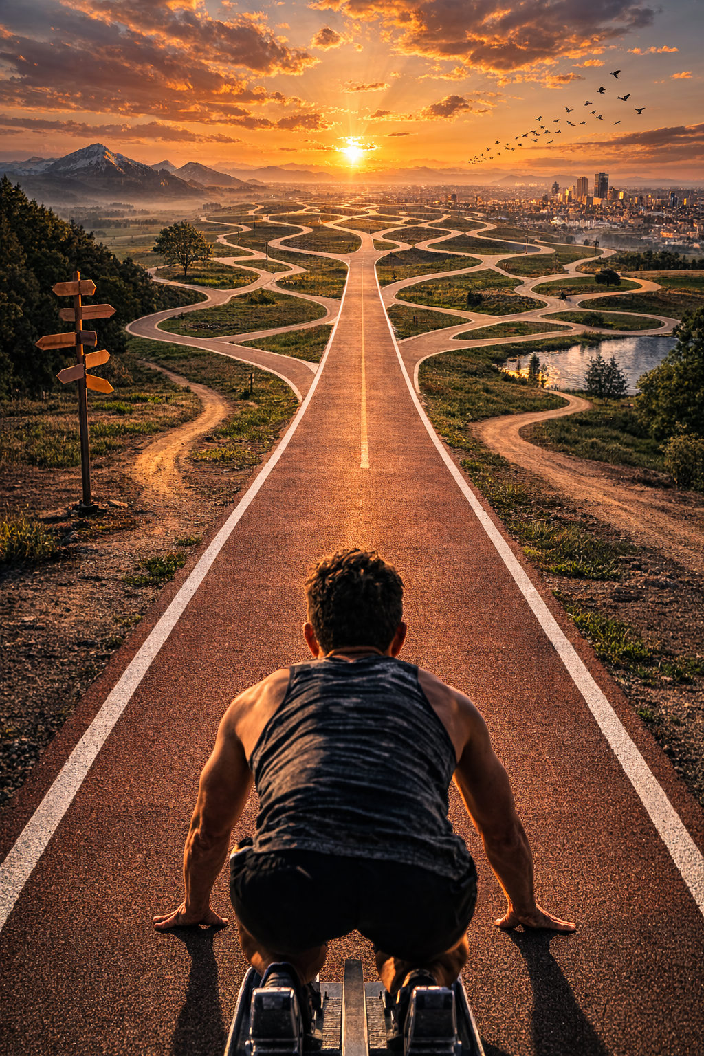 Runner at the starting line looking toward many future paths