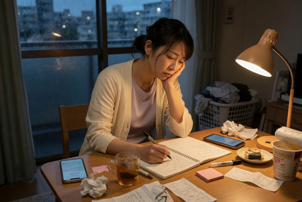 A tired woman writing at a table in the evening, choosing to continue.