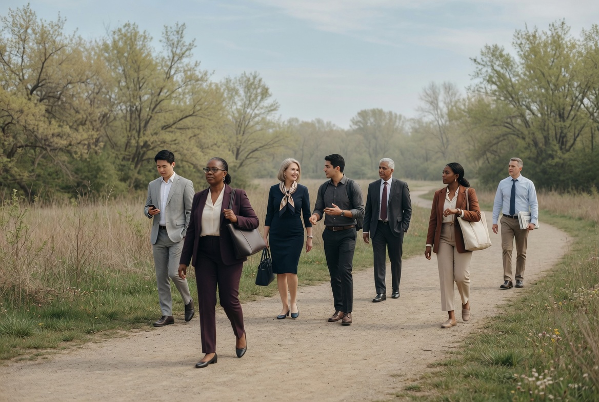 A mixed group walking forward at different paces, showing steady progress.