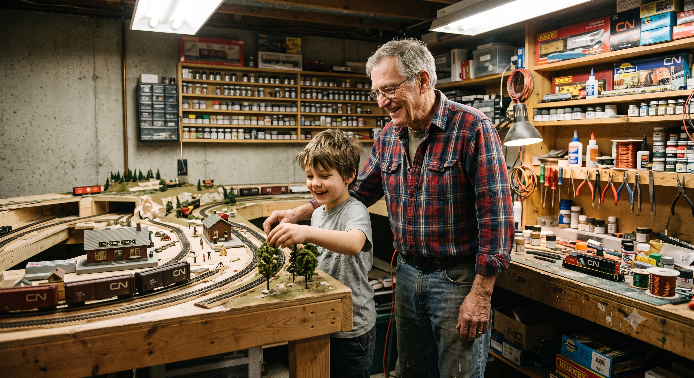 An older man and young grandchild smiling together beside a nearly finished model railway layout.