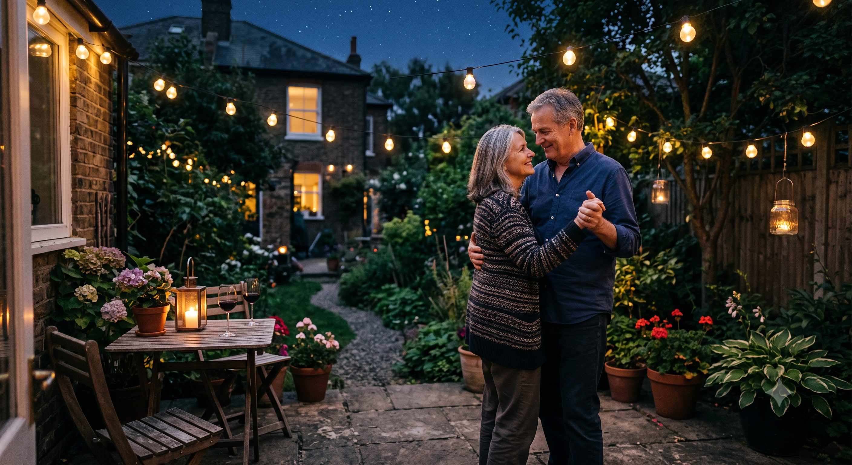 A couple dancing together under warm patio lights in a quiet backyard at night.