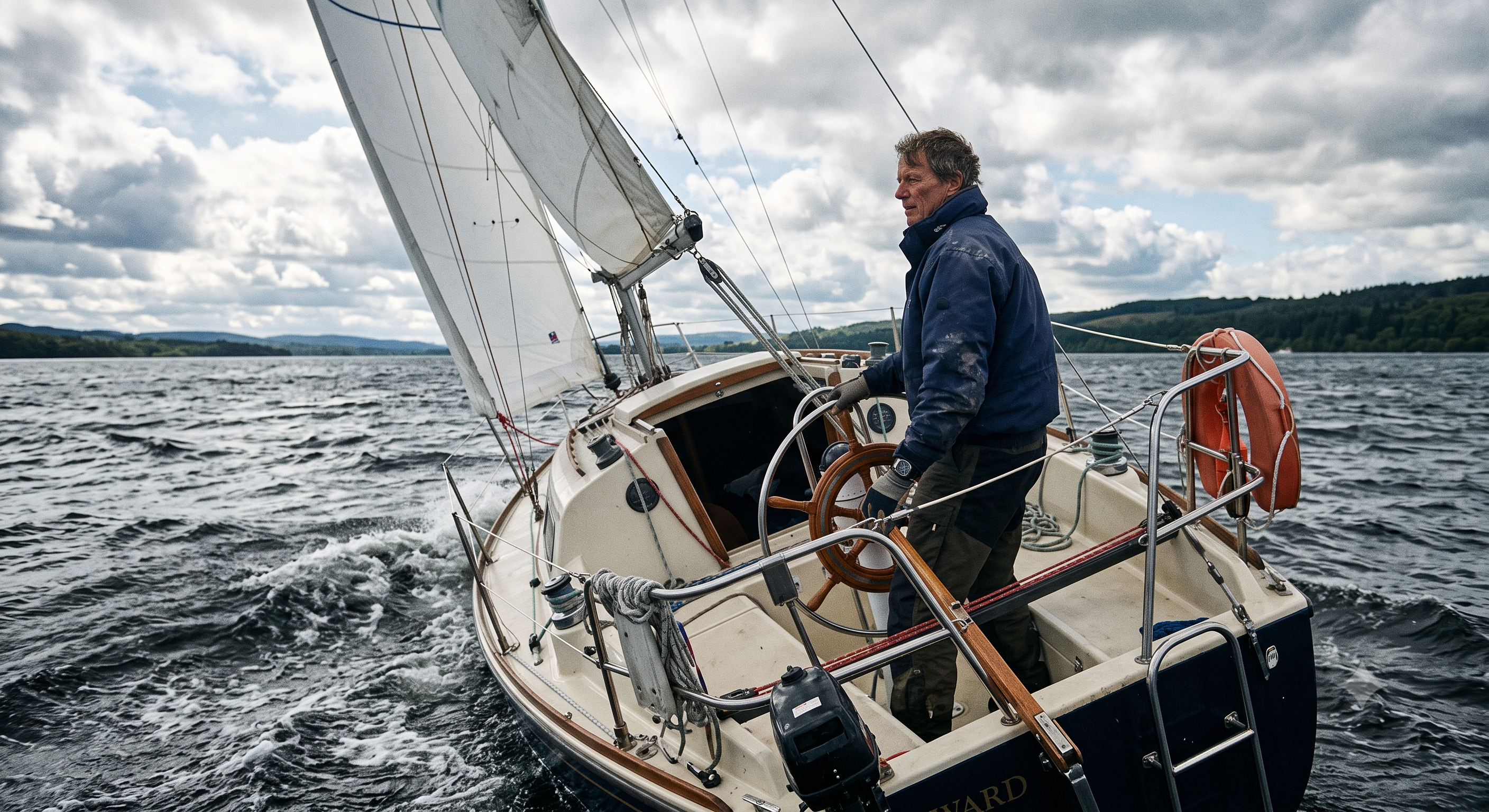 A lone person steering a sailboat through a stiff breeze, holding steady as the boat leans into the wind.